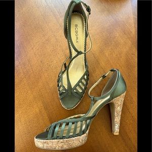 BCBGirls satin and cork t-strap heels